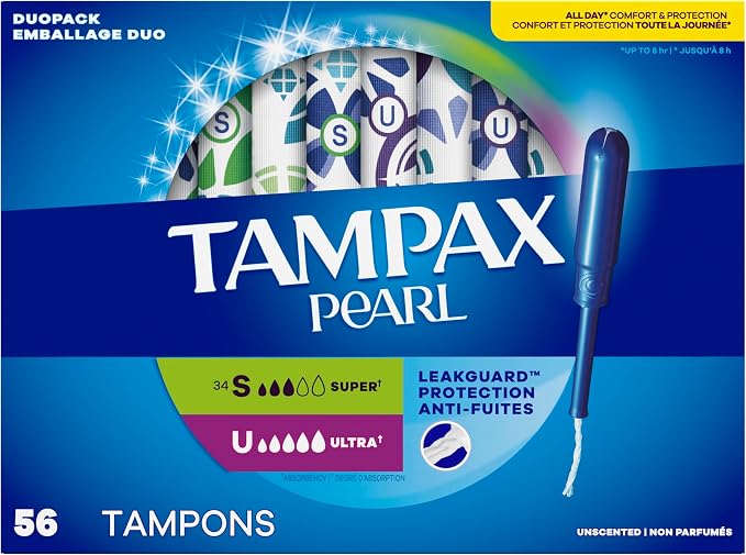 Tampax Pearl Tampons for Women Multipack, with LeakGuard Braid, Super/Ultra Absorbency, Unscented, 56 Count (Pack of 2)