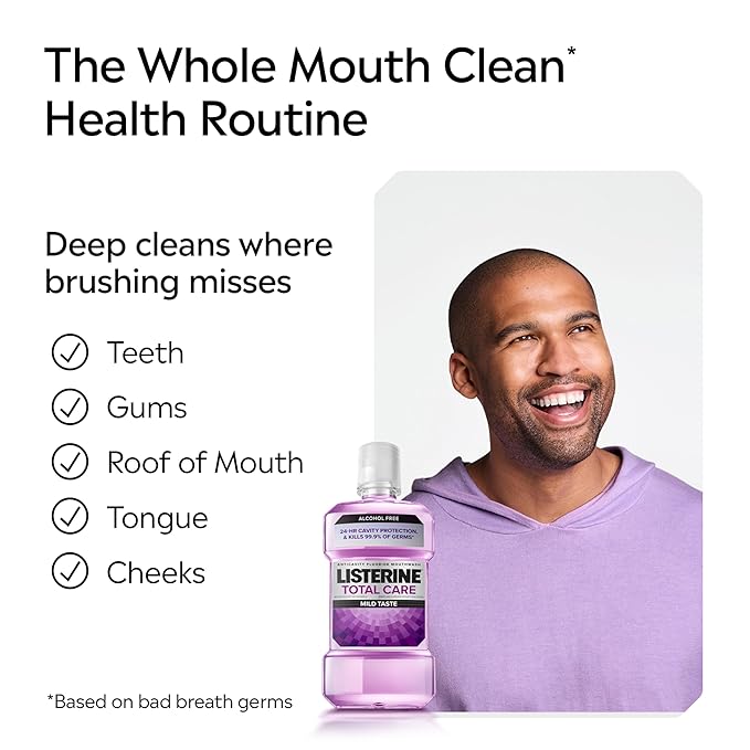 Listerine Total Care Alcohol-Free Mild Mouthwash, 6 Benefit Oral Rinse to Help Kill 99.9% of Germs That Cause Bad Breath, Strengthen Enamel, Mild Mint Flavor, Twin Convenience Pack, 2 x 1 L