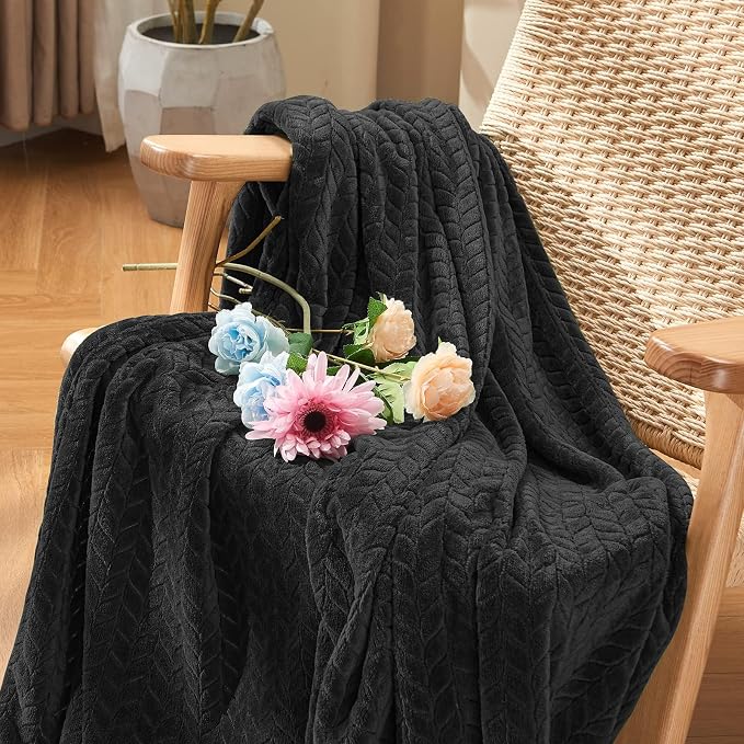 inhand Black Fleece Queen Blanket for Bed, Super Soft Flannel Cozy Blankets for Adults, Lightweight Leaves Pattern Fuzzy Blanket for Office,Travel, Warm Plush Blankets for All Season, 90x90 Inches