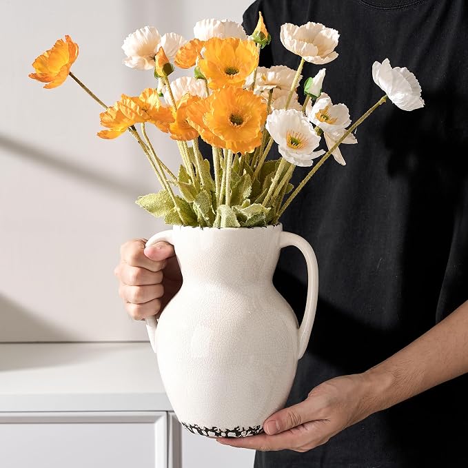 Emotionally Grounded Vase, Vaseking Large Ceramic Rustic Vase with 2 Handles, 8.3 inch Minimalist Decorative Farmhouse Vases for Home Decor, Living Room, Enterway, Table Decoration, Ice Cracked White