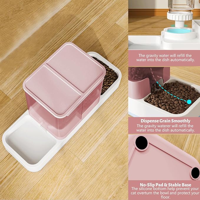 Yummy Sam Automatic Small Pet Feeder and Water Dispenser, Pink | 2 in 1 Gravity Cat Auto 1.5L Pet Feeder and 1L Waterer Set, Feeder Dish for Small Medium Pets Dog Puppy Kitten