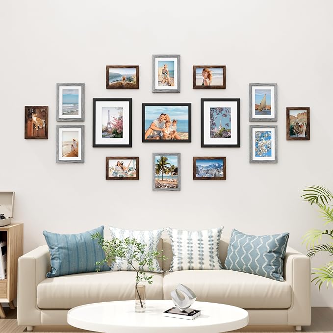 Vittanly 15 Pack Gallery Wall Frame Set, Black, Brown, Grey | Picture Frames Collage Wall Decor: 3pcs 8x10, 6pcs 5x7, 6pcs 4x6. Picture Frame Set for Wall or Tabletop Display
