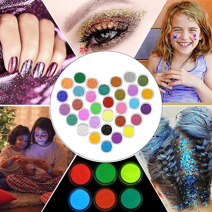 Temporary Glitter Tattoos Kids,32 Glitter Colors and 6 Fluorescent Colors,209 Stencils,2 diamond stickers,3 Glue,5 Brushes,Adults and Kids Arts Glitter Kit,Wonderful Holiday Gifts for Girls & Boys.