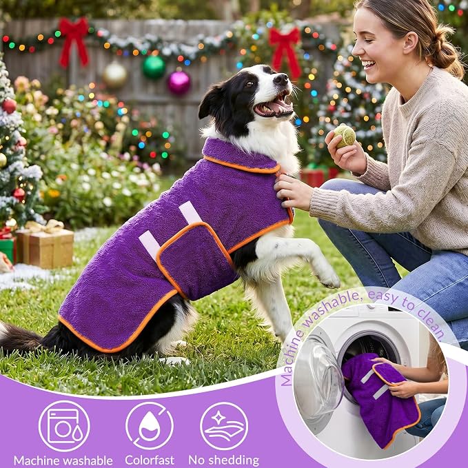 Bienbee Dog Bathrobe, Super Absorbent for Small to Large Dogs, Purple M | Dog Robes with Soft Fleece, Warm & Cozy, Adjustable Fit, and Quick Drying Coat for Baths Swimming and Grooming