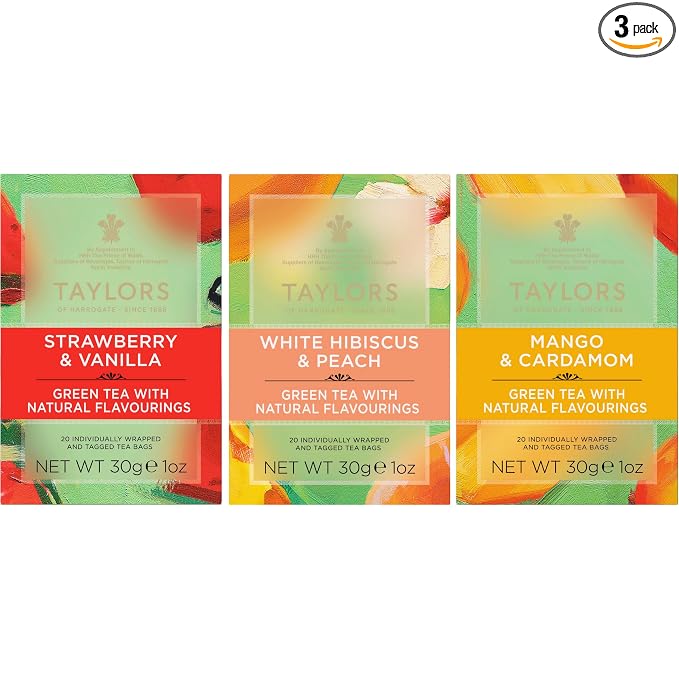 Taylors of Harrogate Green Tea Fruit Infusion Variety Pack – Strawberry Vanilla, Peach Hibiscus & Mango Cardamom – 60 Tea Bags (Pack of 3)