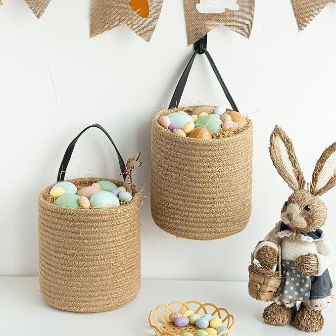 Goodpick 2 Pack Jute Wall Hanging Storage Baskets, Over Door Organizer | Boho Woven Hanging Plant Basket Decor, Decorative Basket for Home, Size 7.87×7×11.7 Inches for Wall Flower & Home Storage
