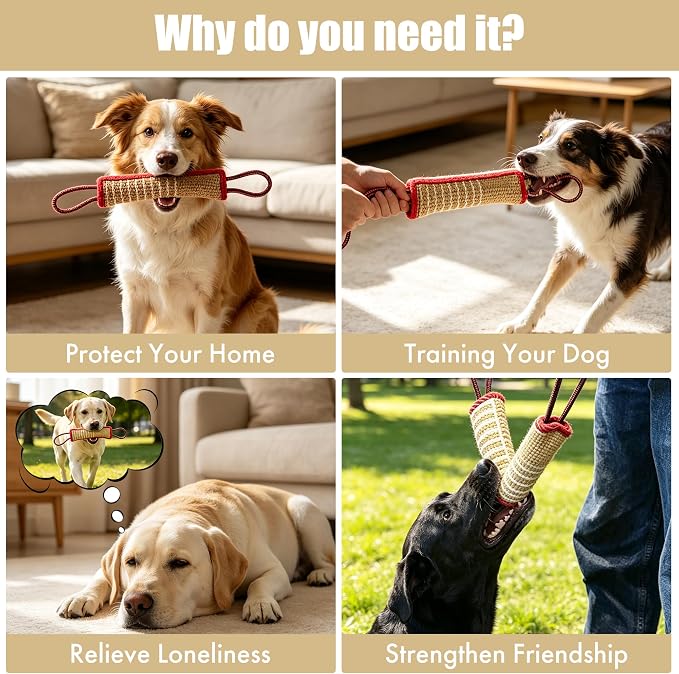 Tug Toy with 2 Strong Handles, Durable Pillow Pull Toy for Aggressive Chewers, Interactive Bite Training Tug of War Toy for Puppies and Medium to Large Dogs (Red-Edged Hemp Rope)