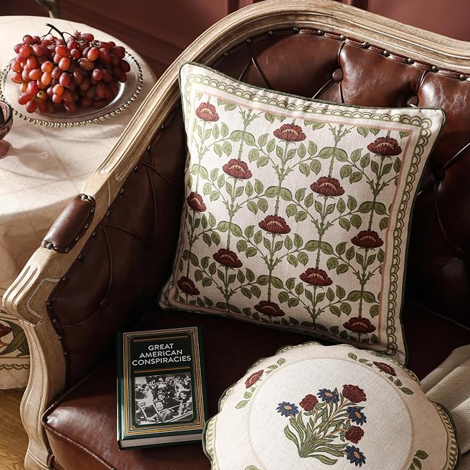 Elegant French Linen Throw Pillow Cover,Set of 2,18"x18"-Estonia D | Designer Vintage Square Pillow Cover,Concealed Zipper Design,Floral Pattern,Sofas,Bedroom,Living Room,Lounge Chairs