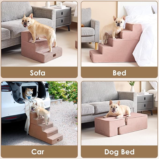 EHEYCIGA Dog Stairs for Small Dogs 13.5" H, 3-Step Extra Wide Dog Steps for Couch Sofa and Chair, Pet Steps for Medium Cats, Non-Slip Balanced Pet Ramp Indoor, Pink
