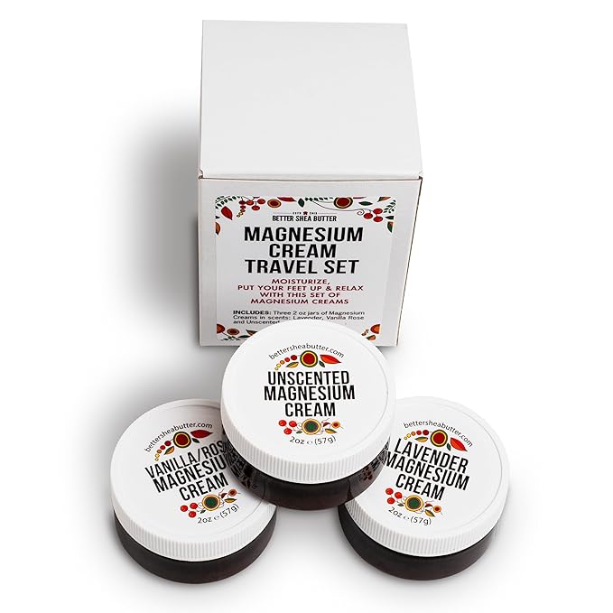 Better Shea Butter Magnesium Cream Variety Pack | for Leg Cramps | Vanilla Rose, Unscented and Lavender Travel Size Lotion Minis for Women and Men | Safe for Pregnancy, Kids & Babies 3 x 2oz Jars