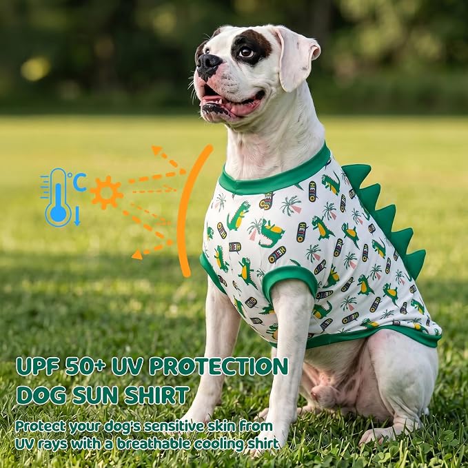 UPF 50+ Sun Protection Dog Shirt - Sleeveless Cooling Vest for Large Dogs Boy, Quick-Dry Pet T-Shirt with Funny Dinosaur Horns, UV Protective Breathable Dog Clothes U-COSBX11XXL