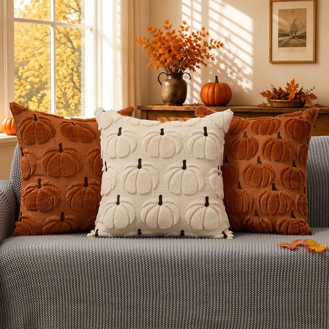 DFXSZ Fall Pillow Covers 18x18 2Pcs Rust Brown Pumpkin Fall Decorations | Fall decor Set of 2 Throw Pillow Cases Soft Plush Faux Fur Wool Couch Cushion for Chair Sofa Bedroom Living Room Home Decor
