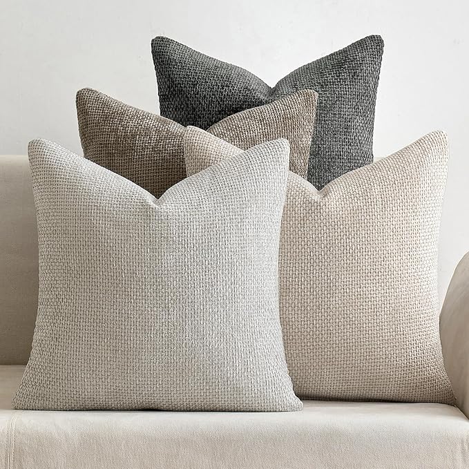 MIULEE Soft Decorative Chenille Euro Pillow Covers Neutral 26x26 Pack of 4 | Mid Century Modern Decor, Cream to Charcoal Set, Couch Throw Pillows, Farmhouse Boho Cushion Covers for Sofa Bed Living Room