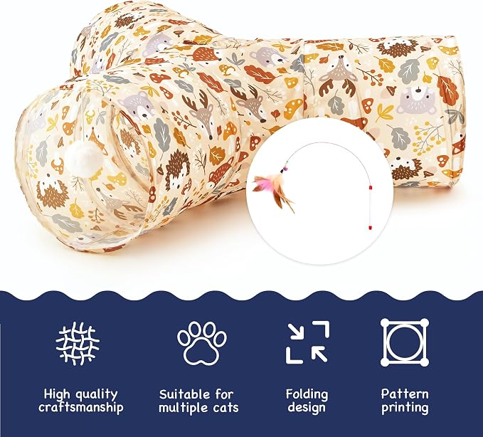 Tempcore Cat Tunnel, 3-Way Collapsible Toy for Indoor Cats, Beige Deer