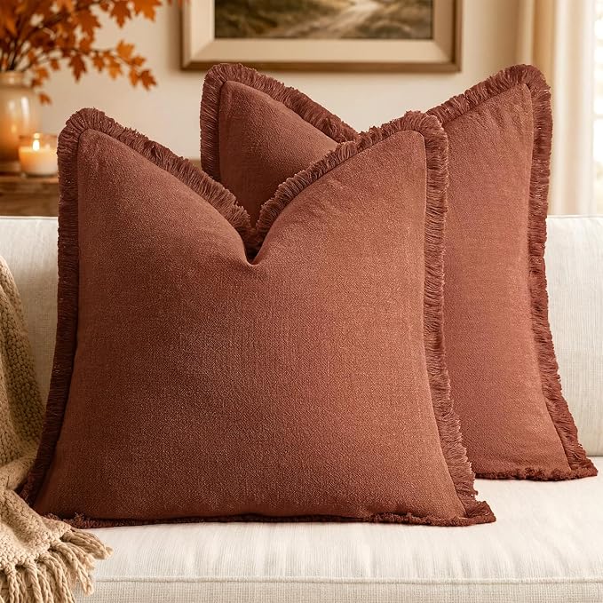 MIULEE Linen Fringe Decorative Fall Throw Pillow Covers Late Autumn 20x20 | Set of 2, Cottagecore Decor, Boho Farmhouse Neutral Pillow Covers, Rustic Fall Couch Cushion Cases for Sofa Bed Living Room