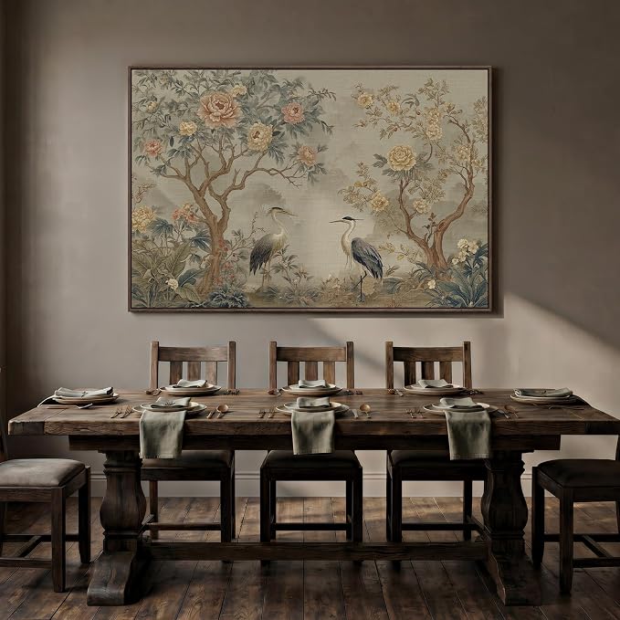 Extra Large Framed Chinoiserie Wall Art for Living Room, Oversized Vintage Floral Neutral Artwork for Walls, Horizontal Asian Flower Canvas Prints Office Dining Room Hallway Wall Decor, 72x48 Inch