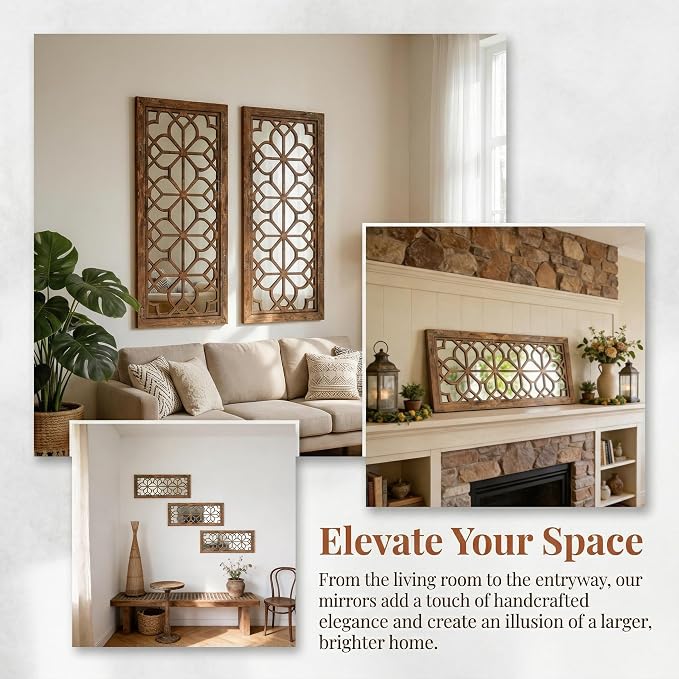 Set of 2 13x30 Inch Large Maroon Shatterproof Carved Floral Wood Frame Wall Mirrors, Boho Farmhouse Rustic Accent Mirrors for Living Room Bedroom Bathroom & Home Decor