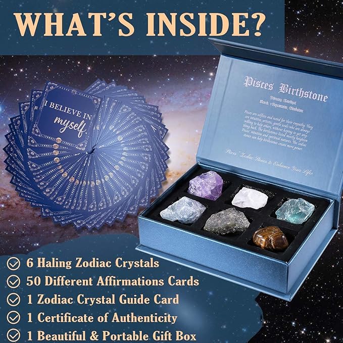 Faivykyd Pisces Crystals Gift, 6 Pisces Zodiac Natural Stones w/ 50 Miracle Mantras Affirmation Cards, Unique Healing Gift for Women Promoting Positive Energy, Self-Care, & Love