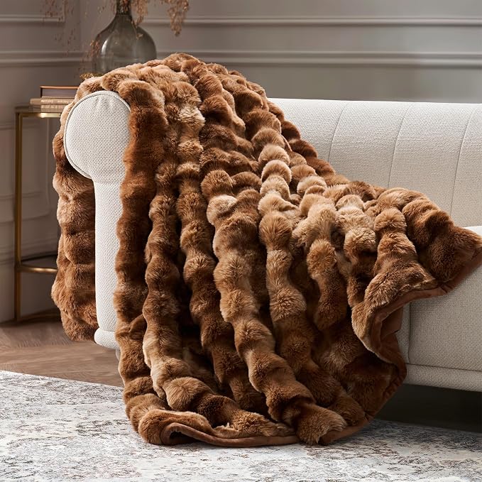 Faux Rabbit Fur Bubble Throw Blanket, 60"x80", Lion Caramel | Ultra Soft, Luxury Faux Rabbit Fur Throw, Thick Warm Bubble Blanket, Cozy Fluffy Reversible, for Bed, Couch, Chair, Sofa
