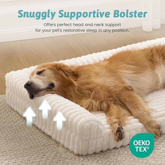 COZY KISS Faux Rabbit Fur Extra Large Dog Bed – 48"x35" Orthopedic Foam Couch with Sides, Removable Washable Cover & Waterproof Lining, Cream