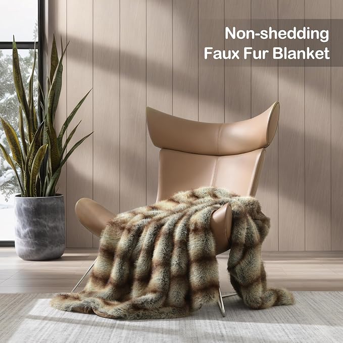 HORIMOTE HOME Luxury Faux Fur Throw Blanket for Couch, Non Shedding Reversible Striped Throw Blanket, 60x80 Inches Decorative Blankets for Bed, Brown Taupe Stripes
