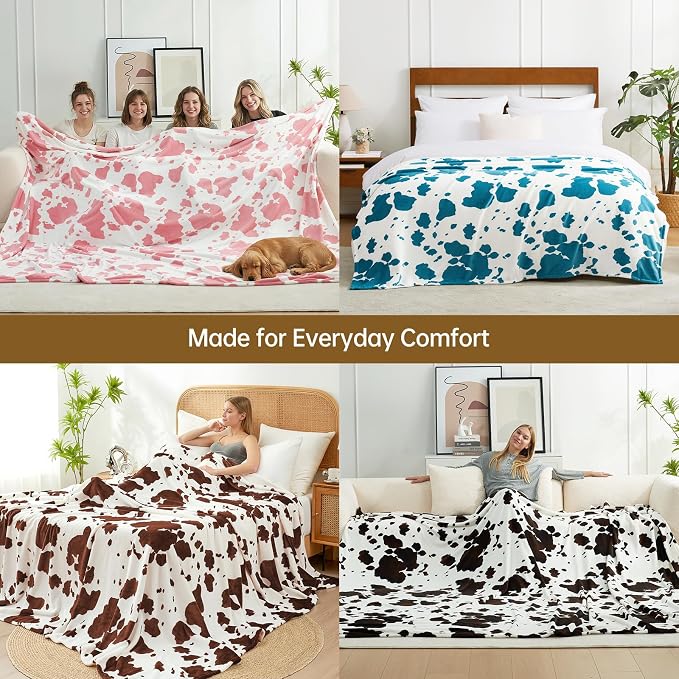 Cozy Bliss Cow Print Throw Blanket for Bed - Super Fuzzy Thick Soft Warm Fleece Blankets for Couch & Room Décor, for Women Men Girls Kids, Black & White Queen Size 90"*90"