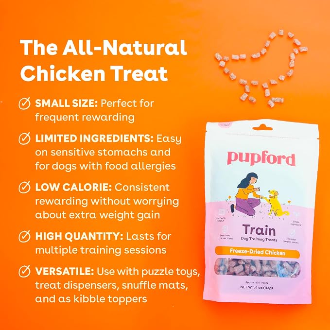 Pupford Freeze Dried Dog & Puppy Training Treats (Chicken, 4 oz, 3 Pack) | 1400+ treats, Ultra low-calorie, Only 2 ingredients, All breed sizes, Mess free and bite sized, Trainer recommended
