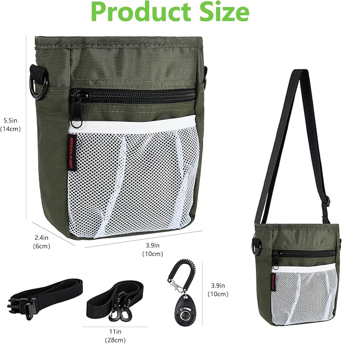 kissleaf Dog Treat Pouch, Magnetic Closure, Dog Clicker- Green