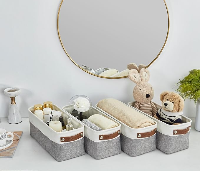 DECOMOMO Narrow Storage Bins, Small Storage Baskets for Shelves 4 Pack | Baskets for Organizing Bathroom, Toilet Tank, Gifts (Grey and White)