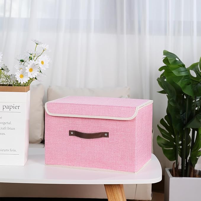 ANMINY Fabric Storage Box Bins with Lids, Pink, 13"x9"x7.9", 4 Pack | Keepsake Memory Storage, Cotton Linen, PP Board Reinforced, Washable, PU Handles, Foldable & Stackable, Decorative, Medium