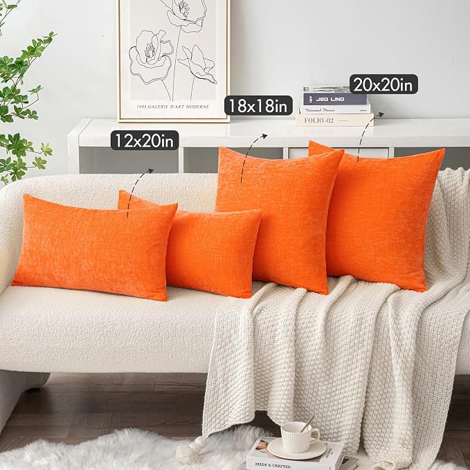 MIULEE Chenille Fall Lumbar Throw Pillow Covers Bright Orange 12x20 | Pack of 2, Modern Fall Decor, Classic Decorative Pillows, Solid Dyed Cases, Couch Cushion Covers for Sofa Bed Living Room