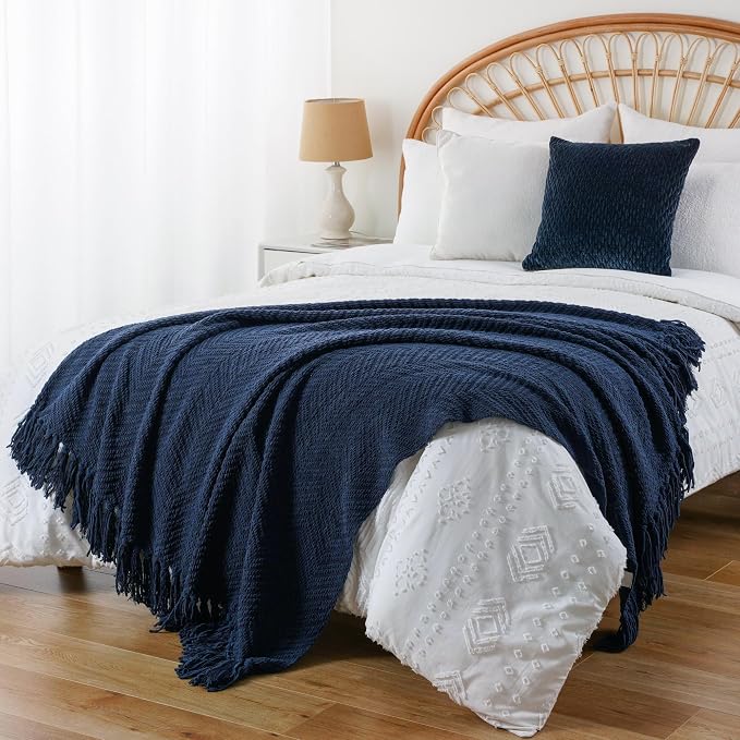 BATTILO HOME Navy Blue Throw Blanket for Couch, 60"x80" | Super Soft Cozy Warm Dark Blue Throws for Twin Bed, Knit Woven Chenille Blanket Versatile for Sofa Bedroom Home Decor