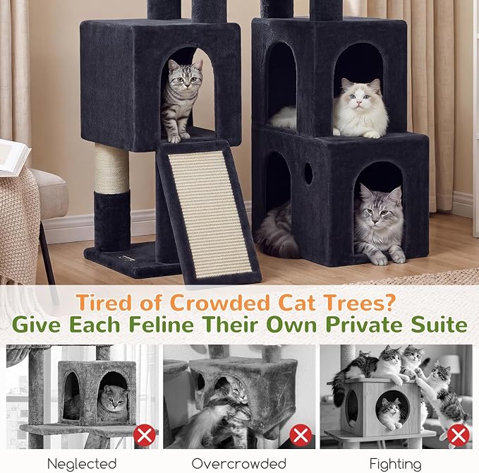 Globlazer Tall Cat Tower for Indoor Adult Cats, 72-inch, S72G, Dark Grey | Heavy Duty Cat Tree House for Big Cats with 2 Extra-Large Padded Platform, 7 Sisal Scratching Posts, 3 Large Condos