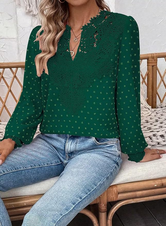 Womens Tops Swiss Dot Boho Long Sleeve Shirts V Neck Casual Chiffon Blouses Flowy Lace Hem Cute Clothing Trendy 2026