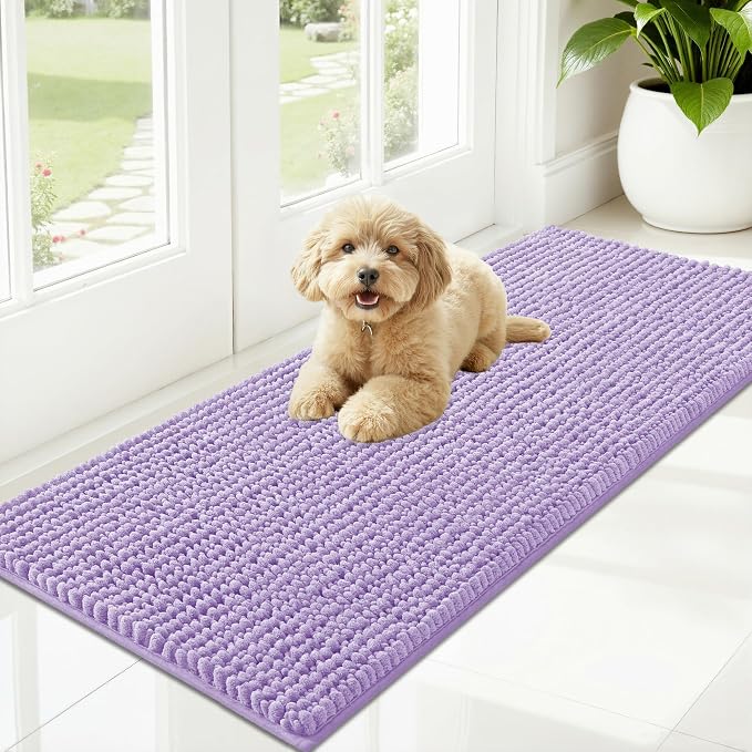 OLANLY Dog Door Mat for Muddy Paws 47x20, Extra Absorbent Chenille Mud Mat | Lavender, Absorbs Moisture and Dirt, Non-Slip Machine Washable Doormat, Quick-Drying Indoor Entryway Floor Mat for Dogs
