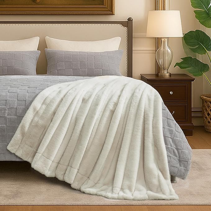 Cozy Bliss Deluxe Sheared Rabbit Faux Fur Throw Blanket, Soft Fuzzy High-Low Sculpted Plush Blanket for Couch, Cozy Home Accent, All Season Use, Beige 50"x60"