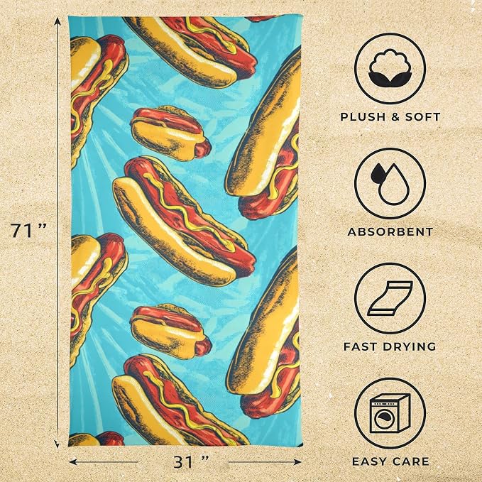 susiyo Hot Dogs with Mustard Beach Towel Microfiber Beach Blankets Quick Dry Oversized Sand Free Super Absorbent Lightweight Pool Towel for Travel Sport Swimming Bath Camping Yoga 31x71 inch