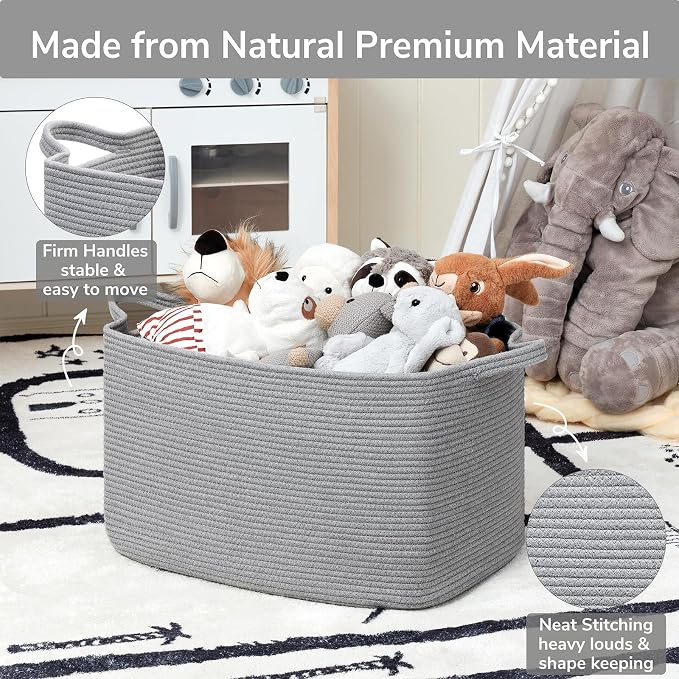 Goodpick Large Woven Rope Blanket Basket, Rectangle, Gray, 75L | 21.6'' x 14.9'' x 11.8'' Storage Basket for Toys, Blankets & Towels, Living Room & Nursery Organization, Reinforced Handles