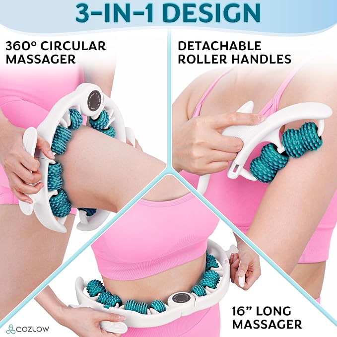 COZLOW Cellulite Massage Roller - Green - Anti-Cellulite Massager with Detachable Roller Handles for Thighs, Legs & Buttocks - Fascia Massage Tool for Lymphatic Drainage & Deep Tissue Therapy