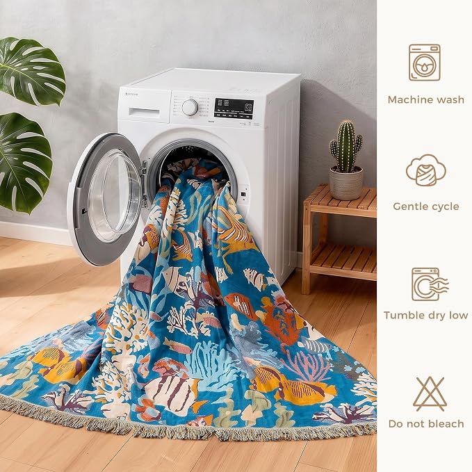 LUTBM Boho Throw Blanket for Couch 50"x60", Cotton Decorative Bed Throw | Underwater Ocean Life Jacquard, All-Season Muslin Blankets, For Chair Sofa Living Room Decor, Lightweight & Breathable Gauze