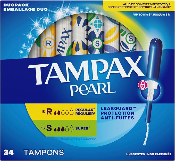 Tampax Pearl Tampons, Regular/Super Absorbency | Unscented | Leakguard Braid | 34 Count | Pack of 2