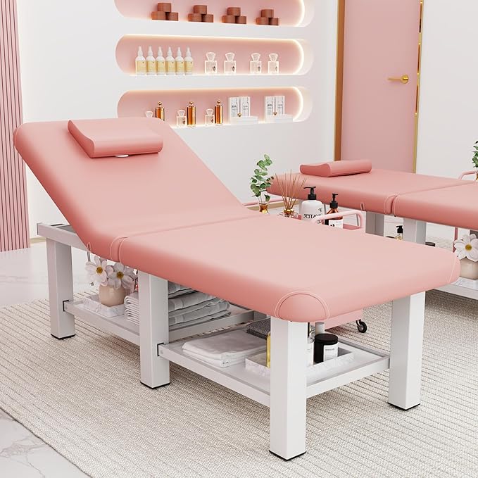 30.5'' Wide × 75'' Long Folding Stationary Massage Table with Backrest and Storage Space for Treatment Table Physical Therapy Table Spa Facial Bed, 6 Square legs, Metal Frame PU Leather - Pink