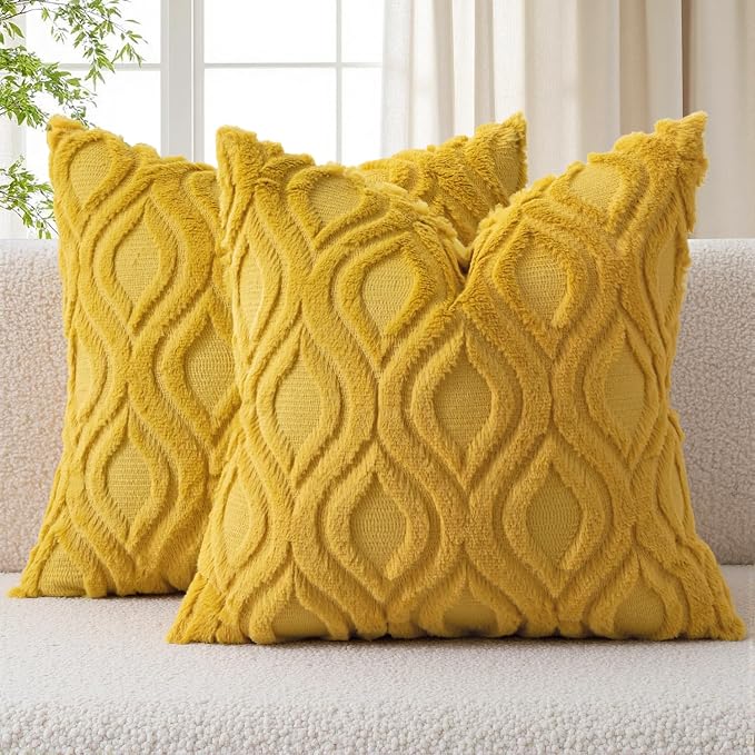 MIULEE Fall Mustard Yellow Soft Plush Faux Wool Throw Pillow Covers 18x18 | Set of 2, Farmhouse Boho Home Decor, Decorative Cushion Covers for Sofa, Living Room, Bed