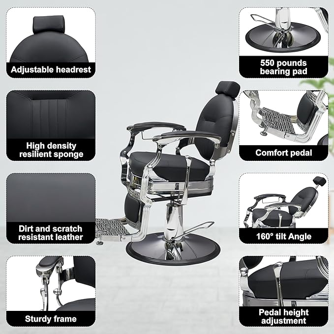 MYS Barber Chair,Hydraulic Salon Chair for Barbershop,spa & Tattoo,Vintage Design, Professional Hairdressing with 360° Rotation, 160°Reclining,Adjustable headrest, 550lbs Capacity, (Sliver)