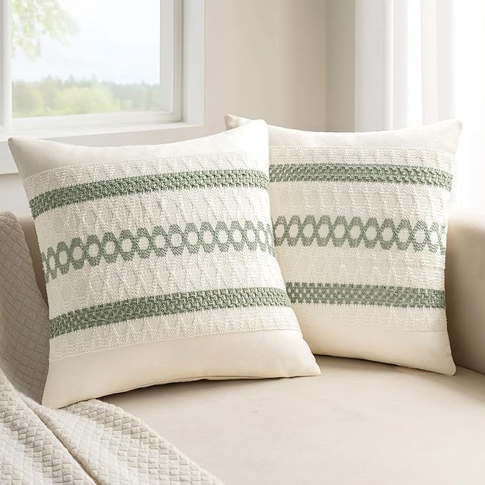 MIULEE Set of 2 Sage Green Boho Decorative Pillow Covers 20x20 Inch | Farmhouse Couch Throw Pillows, Modern Cotton Cushion Covers, Macrame Woven Spring Home Decor for Bed Sofa Chair
