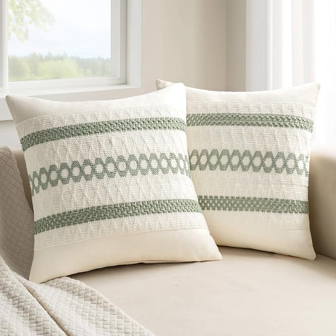 MIULEE Set of 2 Sage Green Boho Decorative Pillow Covers 26x26 Inch | Farmhouse Couch Throw Pillows, Modern Cotton Cushion Covers, Macrame Woven Spring Home Decor for Bed Sofa Chair