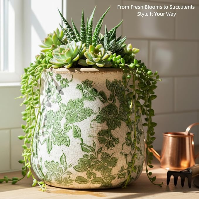 Vintage Ceramic Vase with Green Floral Pattern, White and Green, Crackle Glazed Finish, Decorative Garden Design (Large - Belly Jar with Drainage Hole)