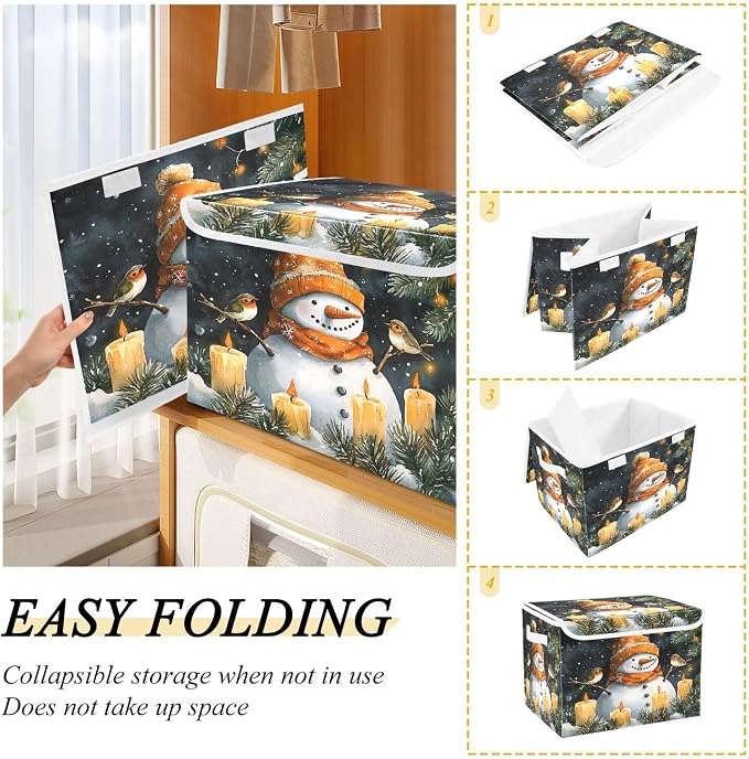 Watercolor Snowman Storage Bins with Lids and Carrying Handle,Foldable Storage Boxes Organizer Containers Baskets Cube with Cover for Home Bedroom Closet Office Nursery