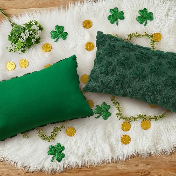 decorUhome Faux Fur Throw Shamrock Green Pillow Covers 12x20 Set of 2 | Plush Soft Wool St. Patrick’s Day Throw Pillow Covers, Accent Modern Farmhouse Pillow Covers Holiday Decor for Sofa Bed