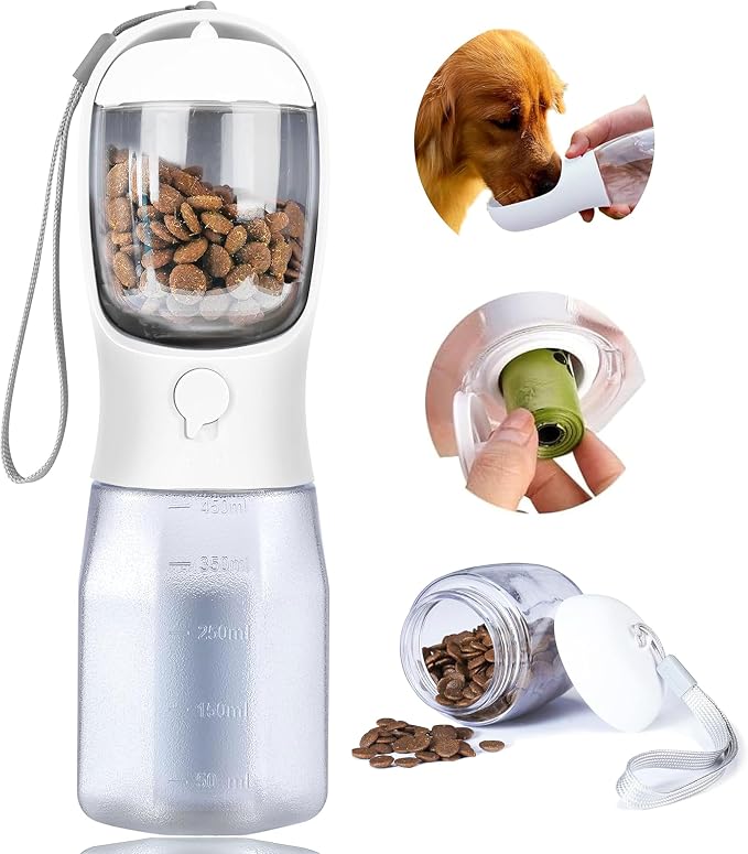 Dog Water Bottle with Food Container, Portable Pet Dog Water Dispenser for Outdoor Walking,Hiking,Travel,Puppy Essentials,Puppy Supplies,Replaceable Waste Bags